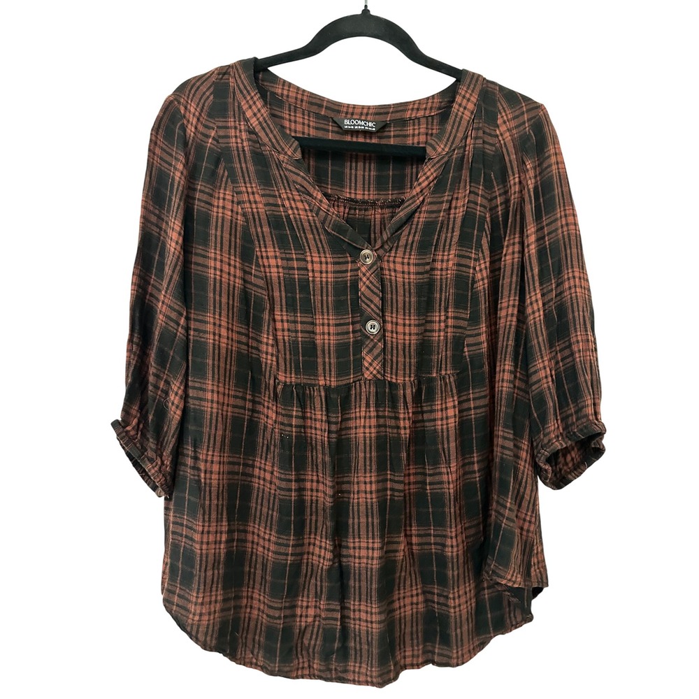 Bloomchic Plaid Gingham Top 3/4 Sleeve Size 14 Fall Boho Western Ranch Preppy